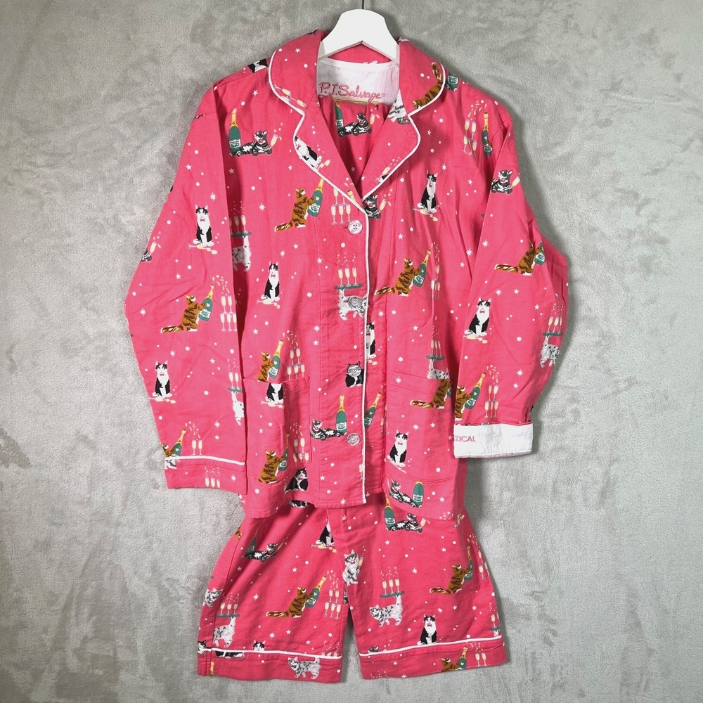 PJ Salvage Flannel PJ Set XS Cats Let's Get Fizzical 2-Piece Cozy Comfy Cat Lady